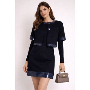 Dino e Lucia Paris 100% Wool Dress Suit Set Navy Patent Trim Designer Size S